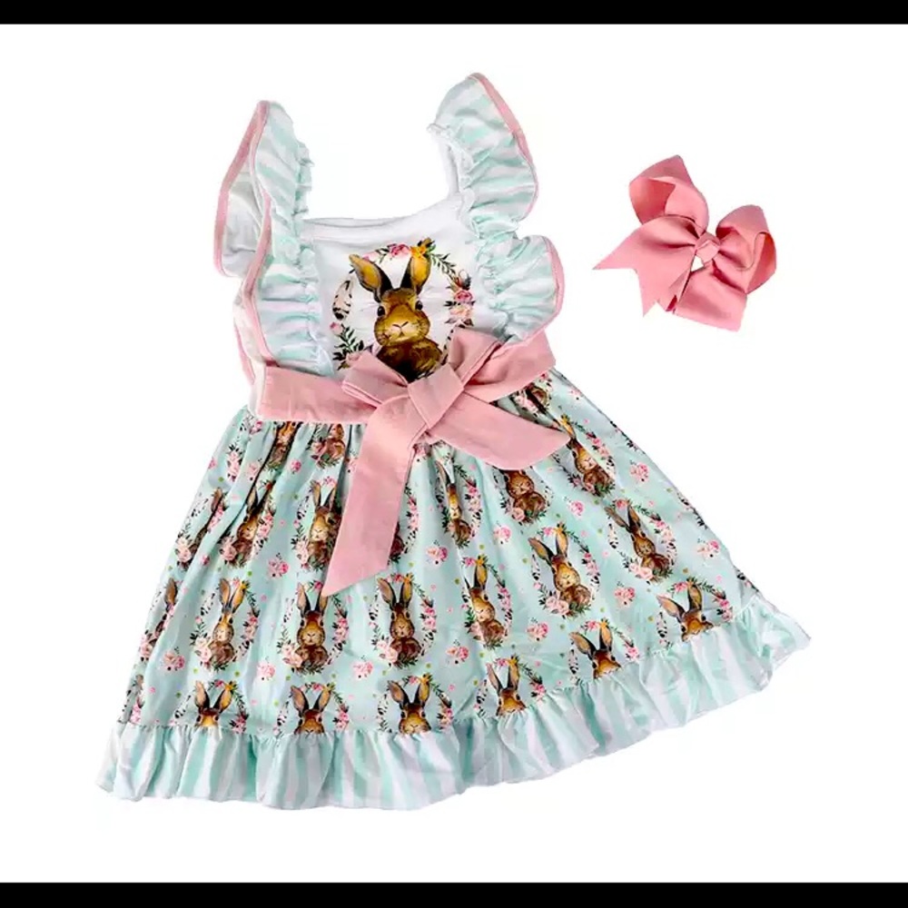 Girly Girl Clothes Ruffles Belt Dress Bunny Knee Length Floral Kids Easter Dress
